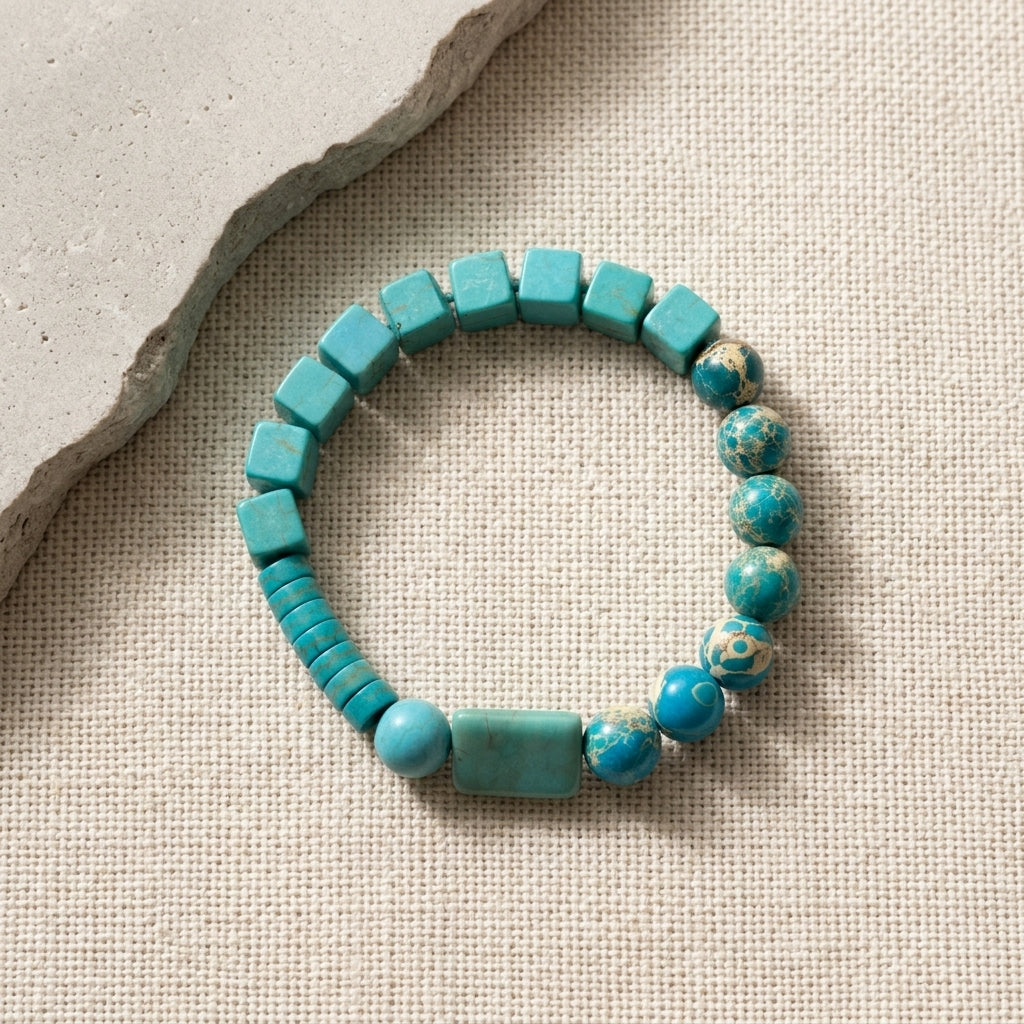 Azure Geometric Mosaic Bracelet - Sea Sediment Jasper & Turquoise