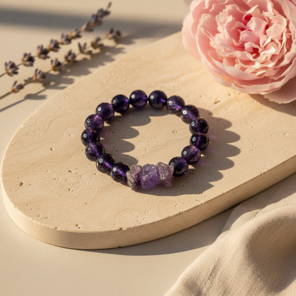 Faceted Amethyst & Raw Stone Bracelet - The Regal Peace