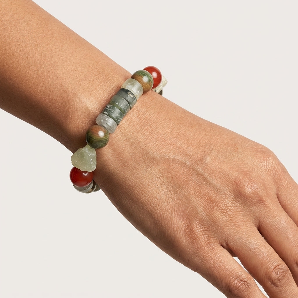 "Earth & Fire" Mixed Gemstone Bracelet - Carnelian, Agate, and Pyrite