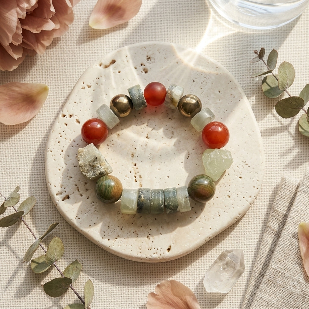 "Earth & Fire" Mixed Gemstone Bracelet - Carnelian, Agate, and Pyrite