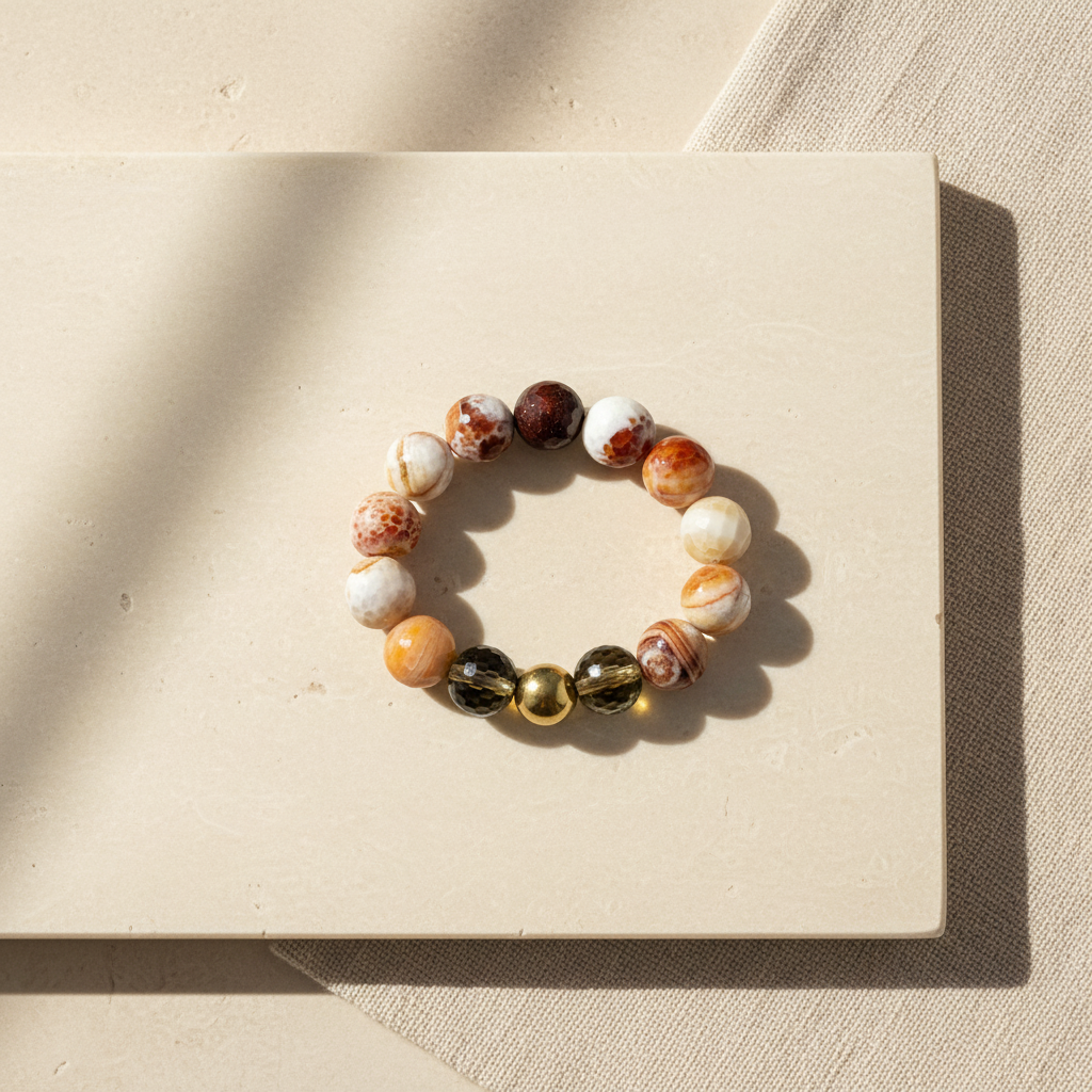 Snakeskin Agate, Smoky Quartz & Pyrite Bracelet - The Grounded Radiance