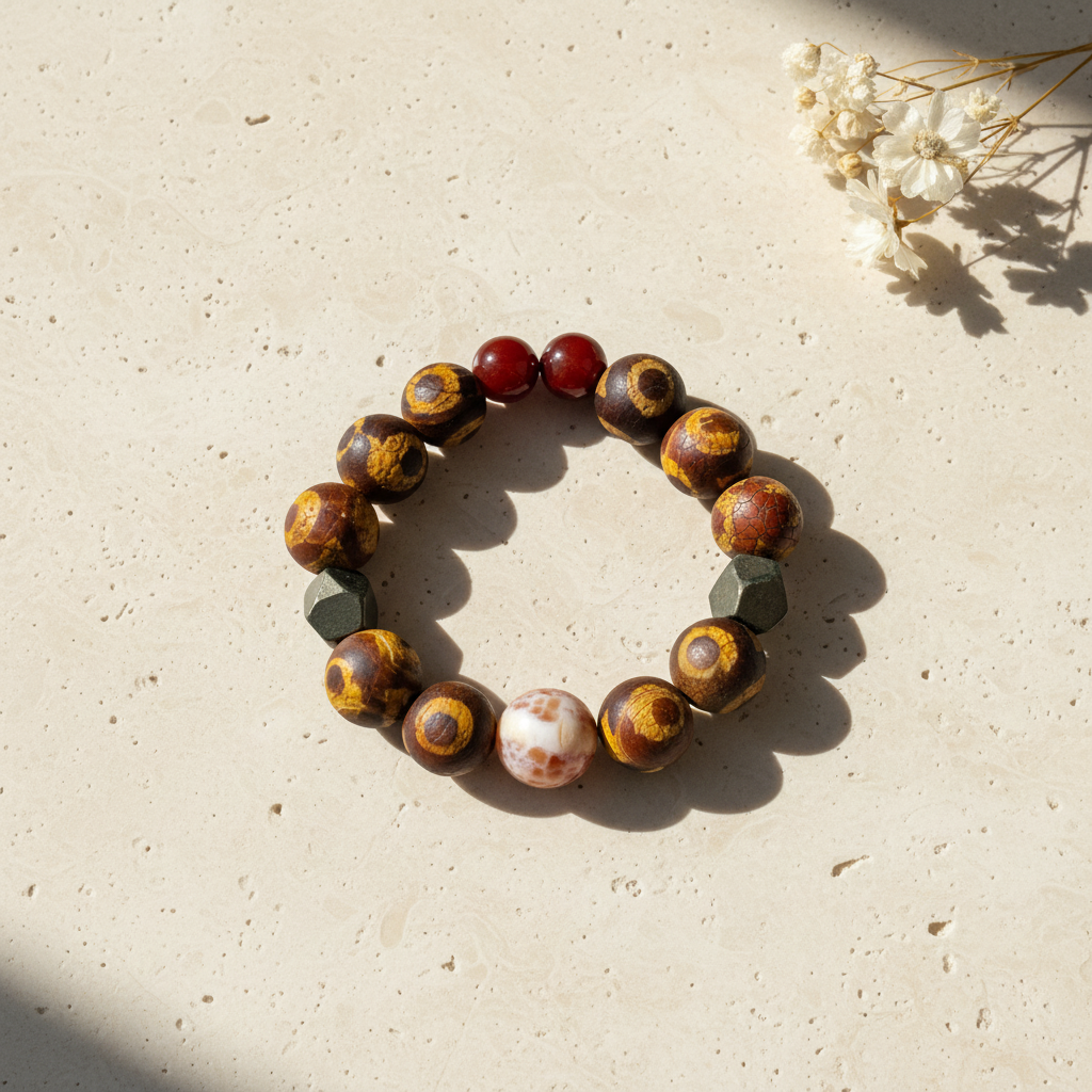 Tibetan Agate, Carnelian & Pyrite Bracelet - The Ancestral Anchor