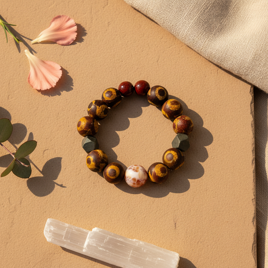 Tibetan Agate, Carnelian & Pyrite Bracelet - The Ancestral Anchor