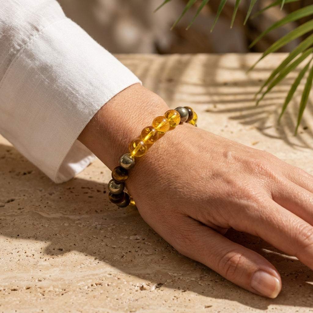 Tiger’s Eye, Pyrite & Amber Bracelet - The Solar Manifestor