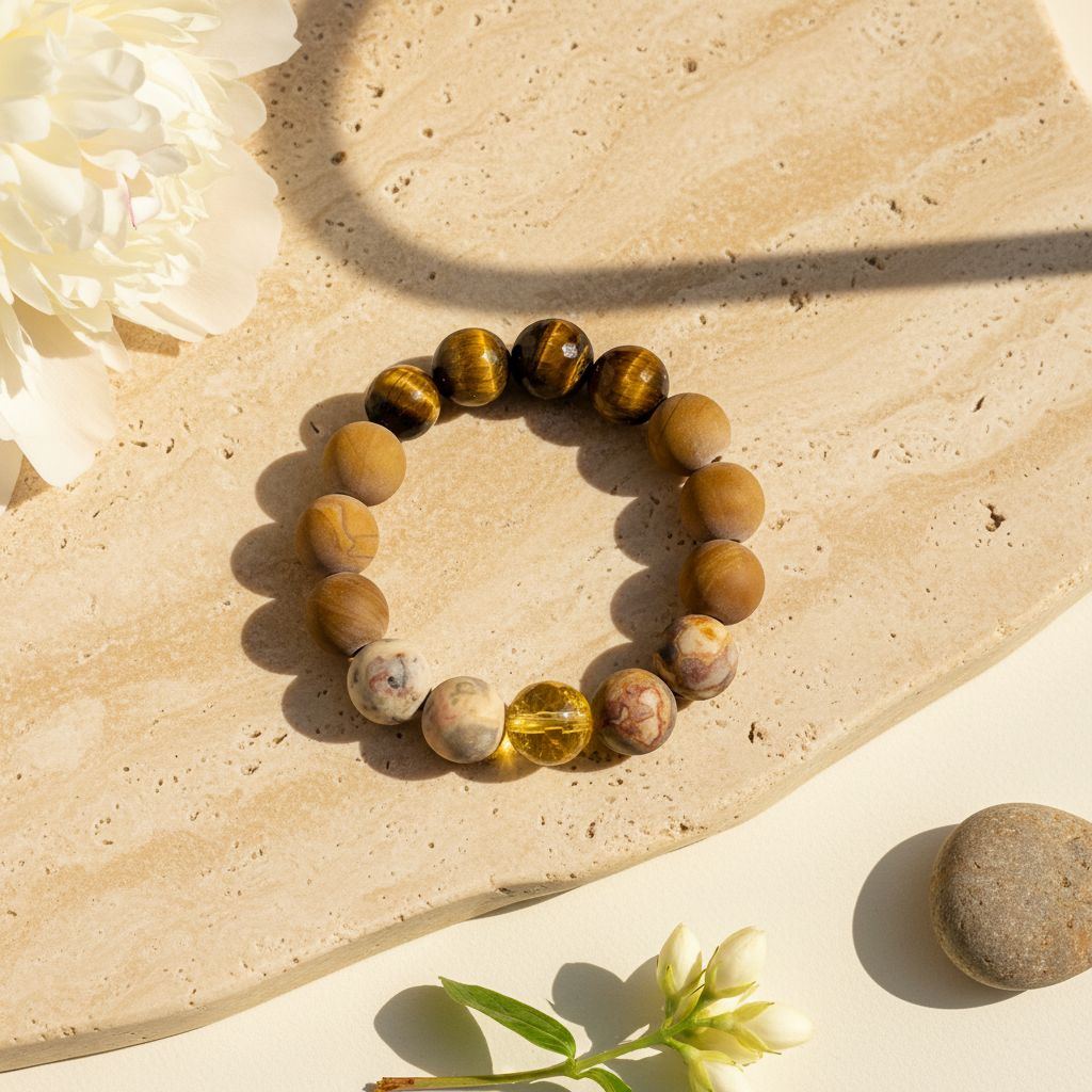 Wood Stone, Tiger’s Eye & Amber Bracelet - The Solar Earth Anchor